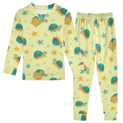 Pajama Sets Long Sleeve Turtles Stars Bubbles Yellow Background Soft Comfy Sleepwear 2 Piece PJS 3-8T