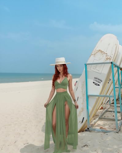 Image of Women Sexy 2 Piece Outfits Dress Chiffon Strap Deep V Neck Bra Crop Top High Split Maxi Dresses Skirt Set