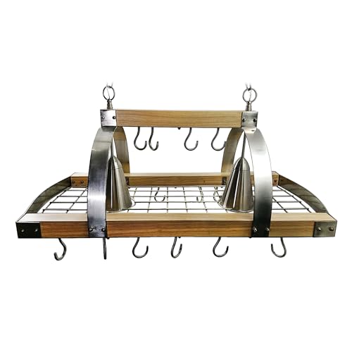 Elegant Designs PR1001-WOD 2 Light Kitchen Wood Pot Rack With Downlights, Wood With Brushed Nickel Accents thumb #5