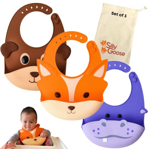 Image of Silly Goose Set of 3 Silicone Animal Baby Bibs for Babies and Toddlers, Waterproof, Adjustable, Soft, Extra Wide Food Catcher Pocket (3PK Fox+Bear+Hippo)