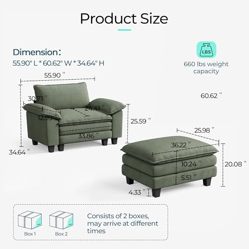 Image of LINSY HOME Cloud Sofa Accent Chair with Ottoman Chaise Lounge Chair Indoor, Corduroy Couch Sofa Chair for Living Room Apartment Bedroom Office, Green