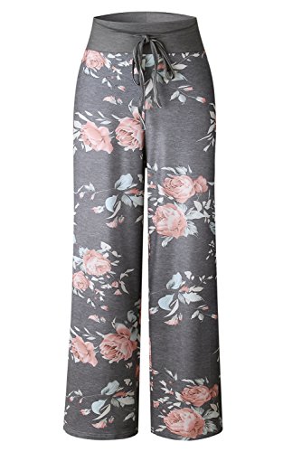 Image of AMiERY Women's Comfy Casual Pajama Pants Floral Print Drawstring Palazzo Lounge Pants Wide Leg