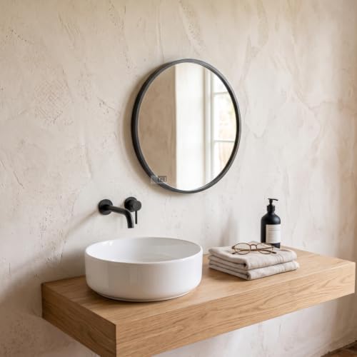 Image of Round Wall Mirror in Gold I Metal Frame Mirror I Modern Design Metal Frame Mirror in Medium Size I Bathroom Wash Basin, Bedroom, Drawing Room (Black 16 inch)