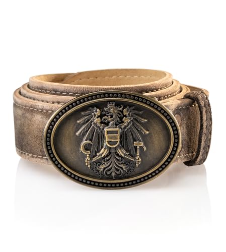 Preisvergleich Produktbild Schöneberger Trachten Couture Herren Trachtengürtel Austria, Lederhosen Gürtel mit Österreich Adler Schnalle, Ledergürtel aus Wildbock-Leder, Falco (Torf-Braun, 50-52)