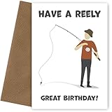 hey chimp biglietto di compleanno per lui, con scritta have a reely great bday fishing joke/pun, per adulti, uomini, pescatori, divertenti biglietti di compleanno per lui