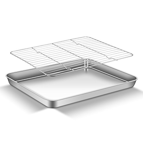 APLKER Teglia da Forno con Griglia di Raffreddamento in Acciaio Inox, Teglie per Pizza Antiaderente Teglia Rettangolare per Pane, Biscotti, Pizza e Torte, 40,5 x 30,5 x 2.5 cm (1+1)