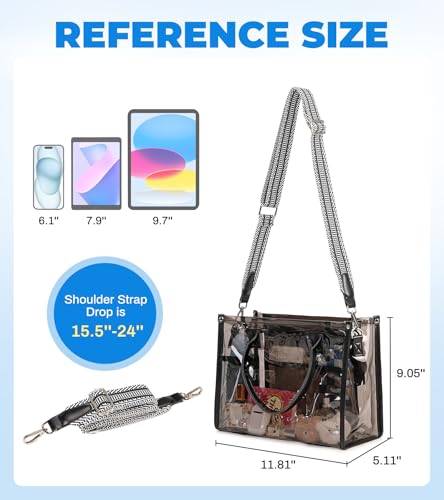 Image of Clear Tote Bag Stadium Events Transparent Clear Purse for Women Thick PVC Shoulder Bag with Guitar Strap for Concert