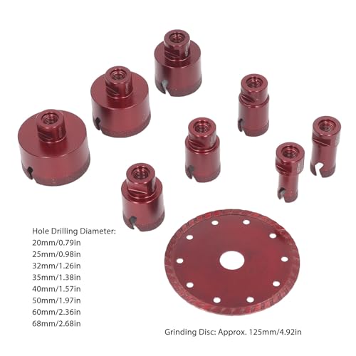 Core Drill Bit Kit, 9 Pcs 20-68mm, M14 Shank, Hole Saw and 125mm Angle Grinder Disc for Tiles, Granites, Marble, Bricks