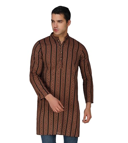 Image of Vastraa Fusion Men's Printed Kurta Pure Cotton Long Kurta, Round Collar, Full Sleeves, Button Kurta, Ethnic Wear