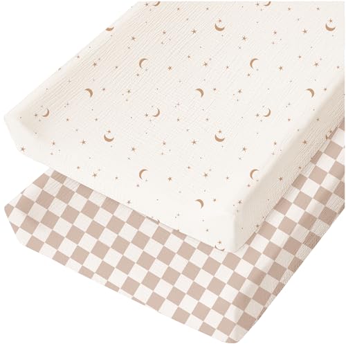 Image of Konssy Muslin Changing Pad Cover for Baby Girls Boys, 100% Cotton Fitted Diaper Chang Table Covers, Soft Breathable Changing Pad Sheets, 2 Pack (Coffee Check,Moon)
