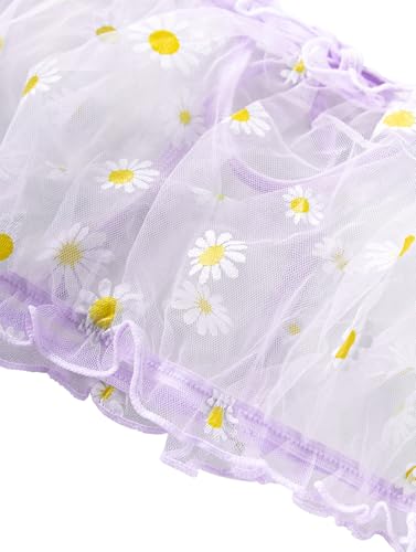 Image of Lilosy Sexy Stretch Ruffle Tie Sheer Mesh Lingerie Set Outfits 2 Piece Women Kawaii Cute See Through Matching Bra Panty Underwear Flower Lavender Purple Medium