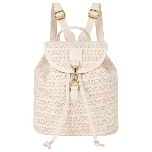 Meyaus Mochila feminina pequena de tecido de palha com aba e cordão, Bege branco, One Size, Mochilas Daypack