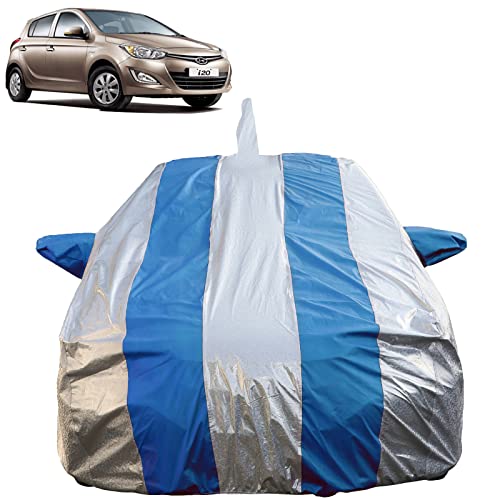 Image of Autofact Waterproof Car Body Cover Compatible with Hyundai I20 Old Model (2008 to 2014) with Mirror and Antenna Pockets (Blue Stripes with Shinning Silver Fabric /Waterproof Cover)