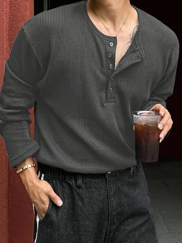 Image of Men's Textured Fabric Solid Color Basic Half-Open Collar T-Shirt, Fall Long Sleeve Men Shirt | Tshirt for Men