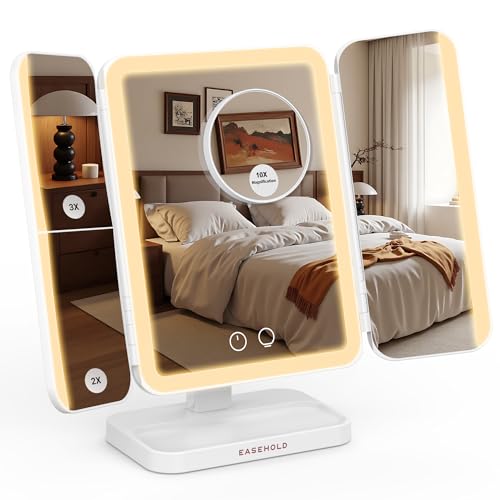 EASEHOLD Rechargeable Makeup Mirror with Lights, 116 LED Trifold Vanity Mirror, 3 Color Lights Dimmable, 5000mAh Large Lighted Mirror, Touch Control Vanity Mirror for Women Travel Bedroom Dorm Gifts