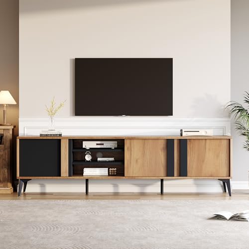BTM MeubleTV Bois et Noir, 3 Portes et Compartiments Ouverts, Meuble Tele Bas pour Télé 80 Pouces, Banc TV Longueur Charge 50kg, 180 x40x50 cm