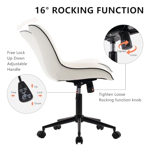 Image of YOUNIKE White Ergonomic Office Desk Chair No Arms Comfy Small Vanity Chair with Wheels Swivel Adjustable Modern Computer Task Chair with Back Armless Cute Leather Upholstered Rolling Chair