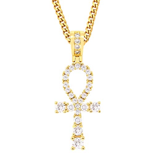TUHE 18K Gold Plated AAA CZ Iced Out Egyptian Ankh Cross Faith Pendant Necklace for Men Women, Simulate Diamond Accents Bling Bling Hip Hop Charm Necklace with Stainless Steel Chain in Platinum Plated