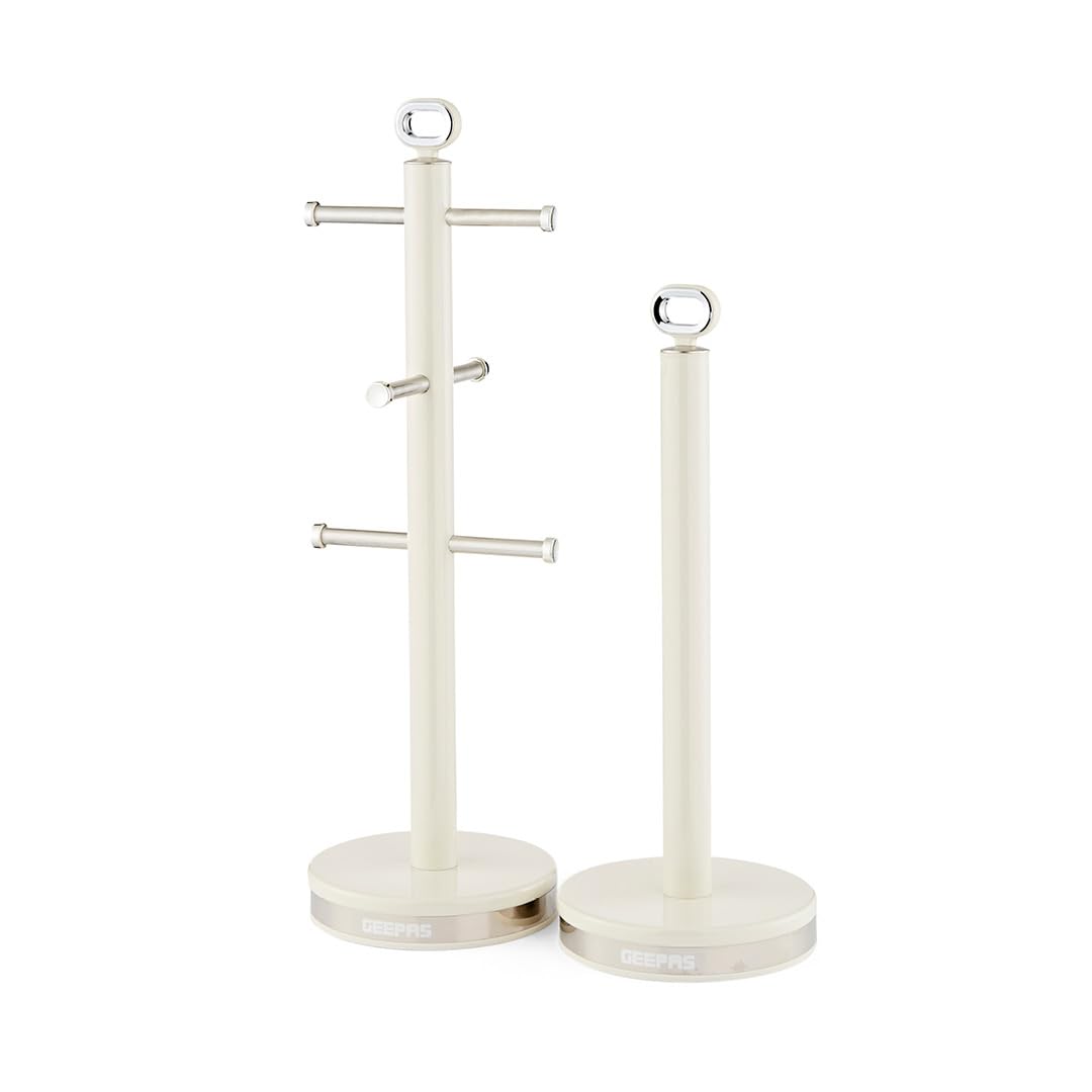 Geepas Retrovive Mug Tree & Towel Pole Set Carbon Steel Material Non-Slip Base in Cream