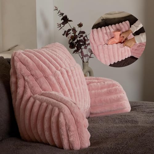 OHS Comfy Reading Pillows Ribbed Faux Fur Cuddle Cushion Sofy Cosy Gaming Cushion with Heatable Pocket Support Pillow with Arms Sit up In Bed Pillow Blush Pink