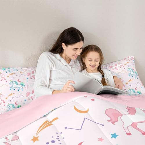 Image of Erosebridal Girls Unicorn King Comforter Set Pink and Blue Unicorns Bedding Set for Kids Child Stars Astrology Comforter Fantasy Girls Room Decor Cartoon Unicorn Horse Quilt Kawaii Bed Set