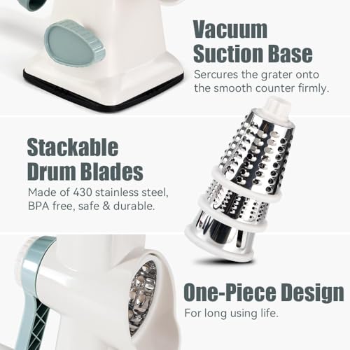 Image of KEOUKE Rotary Cheese Grater Hand Crank White - Shredder Slicer Grinder 3 Stainless Steel Blades, Stable Suction, Labor-Saving Handle, Safe Kitchen Tool for Cheese, Vegetable, Nuts, Chocolate