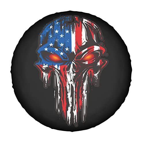 Image of American Flag Skull Patriotic Spare Tire Cover,Universal Wheel Tire Cover for Trailer, RV, SUV, Truck,Camper and Many Vehicle,Weatherproof Tire Protectors(17 inch for Diameter 31 inch-33 inch)