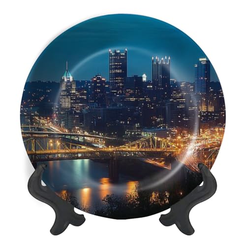Decorative Plates for Display Pittsburgh twilight Gift Plates Ceramic Collections Plates Hanging Artwork for Living Dining Room Kitchen Souvenir