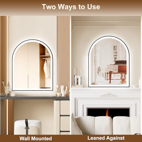 Image of Arched LED Mirror for Bathroom 24 inchx30 inch, Black Lighted Bathroom Mirror with Lights-Fogless, Dimmable, 3 Color Changing, Shatterproof, Touch Sensor