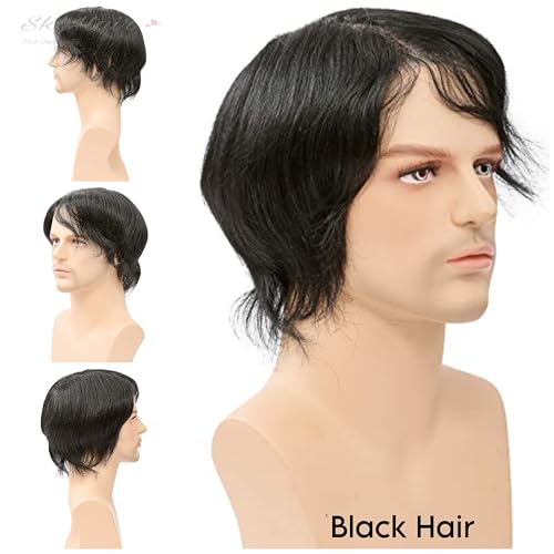 Image of SkyHair PU Diamond Coated Border MIRAGE Skin Base Undetectable Scalp PREMIUM Hair Patch for Men 100% Remy Human Silky and Soft Hair Wigs Highly Durable Mens Toupee can be Install with Clips, Glue or Tape (Natural Black, 9x7, Medium Density)