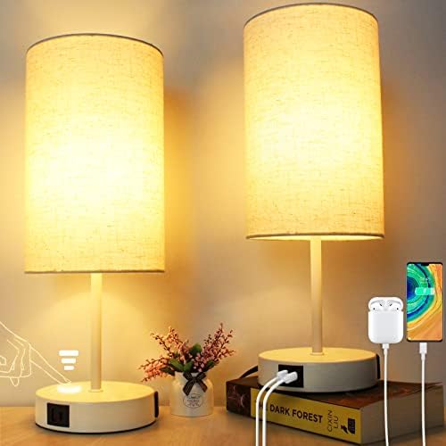 Set of 2 Touch Control Bedside Table Lamps, 3-Way Dimmable Nightstand Lights with 2 USB Charging Ports & AC Outlet, Modern White Desk Lamp for Bedroom Living Room, 7W 800LM E26 Bulbs Included