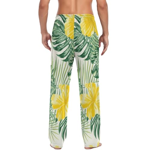 Men's Pajama Pants Yellow Hibiscus Palm Leaf Sleep Pajama Lounge Pant with Pockets, Elastic Waistband2