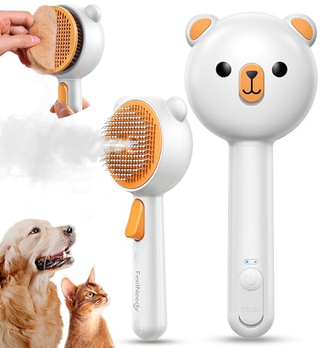 Pet Steam Brush for Dogs & Cats, Brushes for Indoor Cats with Release Button, Dual Speed Spray USB Rechargeable Grooming Supplies, Dog Brush for Shedding Suitable for All Long- and Short-haired Pets