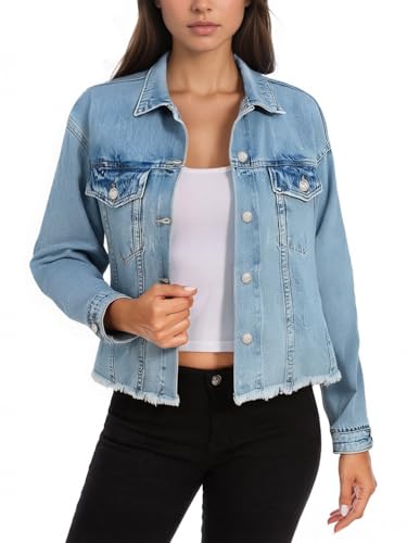 Women's Denim Jackets Cropped Button Up Frayed Hem Jean Jacket with Pockets Trendy Light Blue Jean Coat