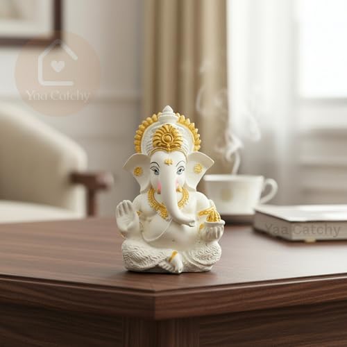Image of White & Gold Ganesha Idol Car Dashboard Idol Ganesha Murti Ganpati Idol for Home Decor Pooja Lord Ganesh Statue Gift for Office Desk Pooja Room (Ganesha Resin White & Gold)