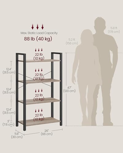 Image of VASAGLE 4-Tier Bookshelf, Bookcase with Steel Frame, Book Shelf for Living Room, Home Office, Study, 11.8 x 26 x 47 Inches, Industrial Style, Heather Greige and Ink Black ULLS060B02