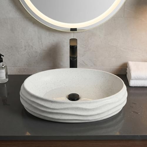 Image of BASSINO 22x15x6 Inches Ceramic Table Top Washbasin /White Terrazzo Luxury Countertop Sink /Modern Basin for Home,Living Room,Dining Hall /Designer Oval Shape Wash Basin for Bathroom with Wave(Matte)