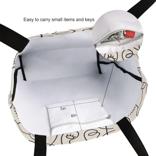 Abstract Faces Minimalist Beige Canvas Tote Bag for Women with Zipper Pocket Reusable Grocery Shopping Bags Large Travel Shoulder Bag Handbag Bags3