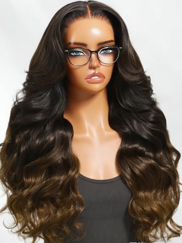 Image of KLAIYI Ombre Brown Loose Body Wave 13x4Pre Everything Lace Frontal Chestnut Brown Drawstring Wig with Face Framing Layers Precut Lace Pre Plucked Bleached Bye Bye Knots Ready to Wear and Go Wig 26Inch