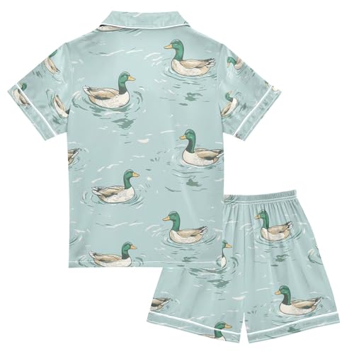 senya Mallard Duck Swimming P Satin Summer Pajama Sets Silk Short Sleeve Button Down Sleepwear2