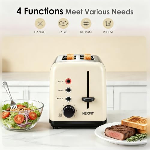 Image of Toaster 2 Slice, Stainless Steel, 6 Shade Settings, 1.5 inch Extra Wide Slots | NEXFIT Retro Toaster with Bagel, Defrost, Reheat & Cancel Functions, 900W, Removable Crumb Tray, High Lift, Cord Wrap, Beige