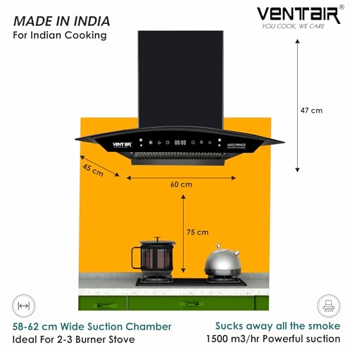 Image of Ventair 60 cm BLDC 1500 m3 /hr Filterless Autoclean Silent Kitchen Chimney (Auto Prince, BLDC Motor, 9 Speed Motion Sensor & Touch Control, Wall Mount, Curved Glass, Black, Made in India)