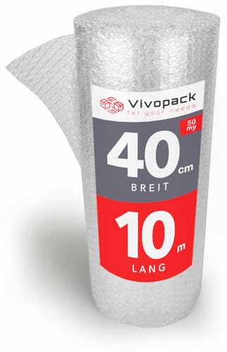 Vivopack Luftpolsterfolie Rolle 40cm x 10m lang, 50my, Verpackungsmaterial, Noppenfolie, Bubble wrap, Verpackungsfolie ideal als Verpackungsmatierial: Luftpolsterfolien oder Umzugsfolie für Möbel