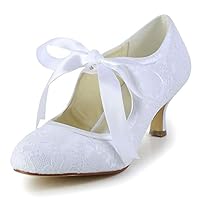 JIAJIA 140311 Sapatos femininos para noivas, bico fechado, salto stiletto, renda, cetim, laço de fita, sapatos de casamento, Branco, 34