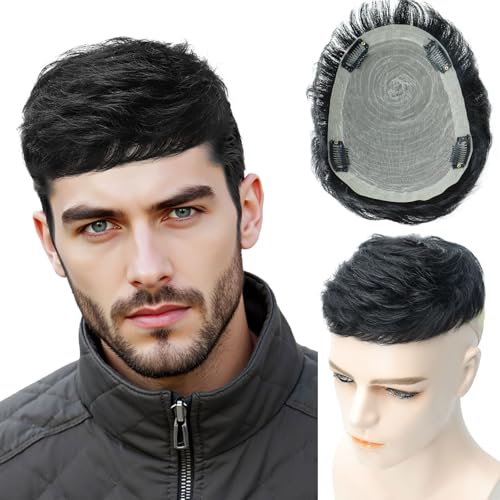 VividCrown Toupee for Men Human Hair Mens Black Wig Short Straight Fluffy Realistic Hair Wig Thin Skin Daily Party Costume Wigs for Male Guy (Black)