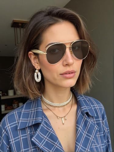 Image of Oversized Aviator Sunglasses For Women 70s Retro 2025 Metal Shades with Gold Streamline Arms