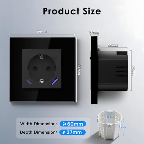 BSEED ZigBee Steckdose mit USB C 20W Schnellladegerät mit Verbrauchsmessung,Smart Steckdose Unterputz für Alexa/Google Home,Smart Wandsteckdose mit Strommessung 16A,1 Fach Schwarz(Gateway Hub Bedarf)