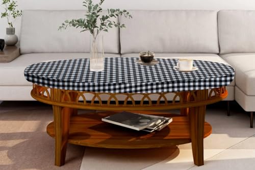 Image of The Furnishing Tree Elastic Oval Center Table Cover WxL 12x24 in Inches Polyester Checkered Pattern White