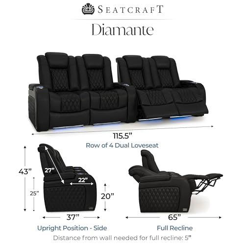 Image of Seatcraft Diamante Black Italian Leather Home Theater Seating, Zero Gravity Power Recliner Gaming and Home Office Chair, Powered Headrest Lounge Sofa Furniture for Cinema Room, Row of 4 Dual Loveseats