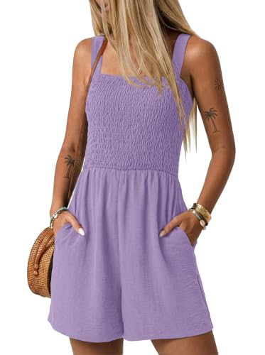 Image of Lepunuo Womens Rompers for Summer Casual Smocked Jumpers Overalls Square Neck Jumpsuits with Pockets Beach Vacation
